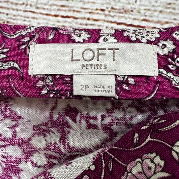 LOFT Petites 2P Floral A-Line Skirt Purple White Linen Blend Midi Slit Side - Picture 7 of 8